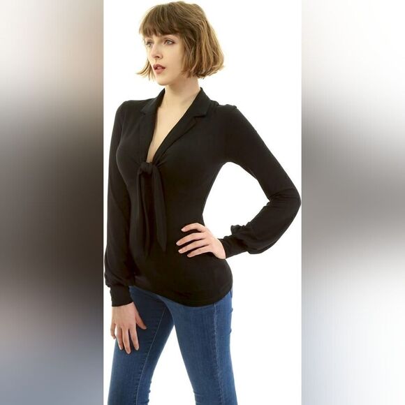 AmélieBoutik Women Tie Knot Front Bishop Sleeve Blouse Blue M - Picture 6 of 12